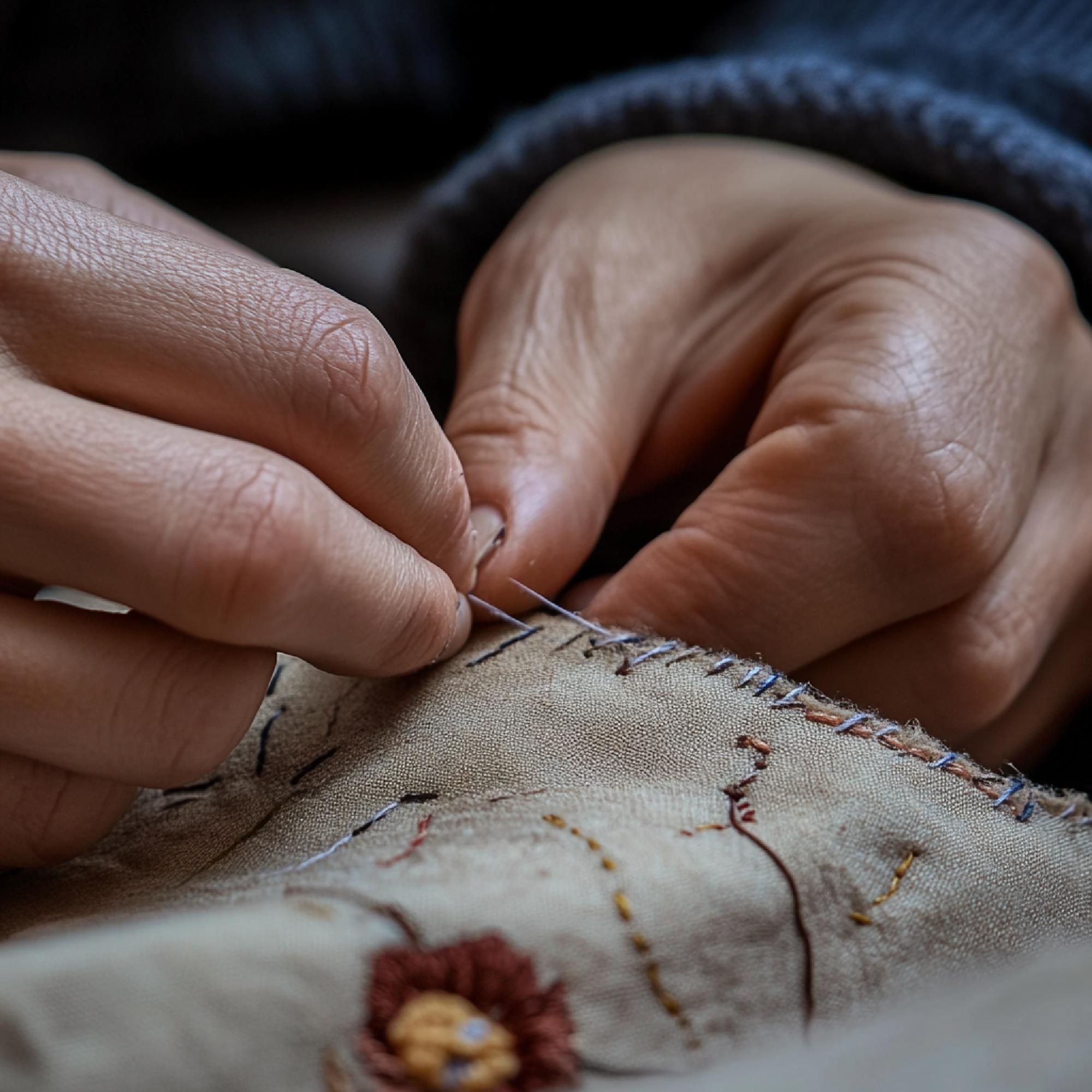 Mano che ricama un dettaglio di tessuto con filo dorato